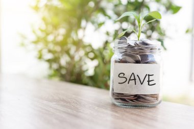 Kavanozda bozuk para biriktiriyorum. para büyüme yatırım kavramı. Ev için para biriktirme.