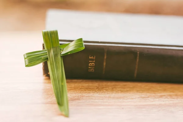 Cruz Hojas Palma Verde Como Fondo Con Biblia Santa Concepto —  Fotos de Stock