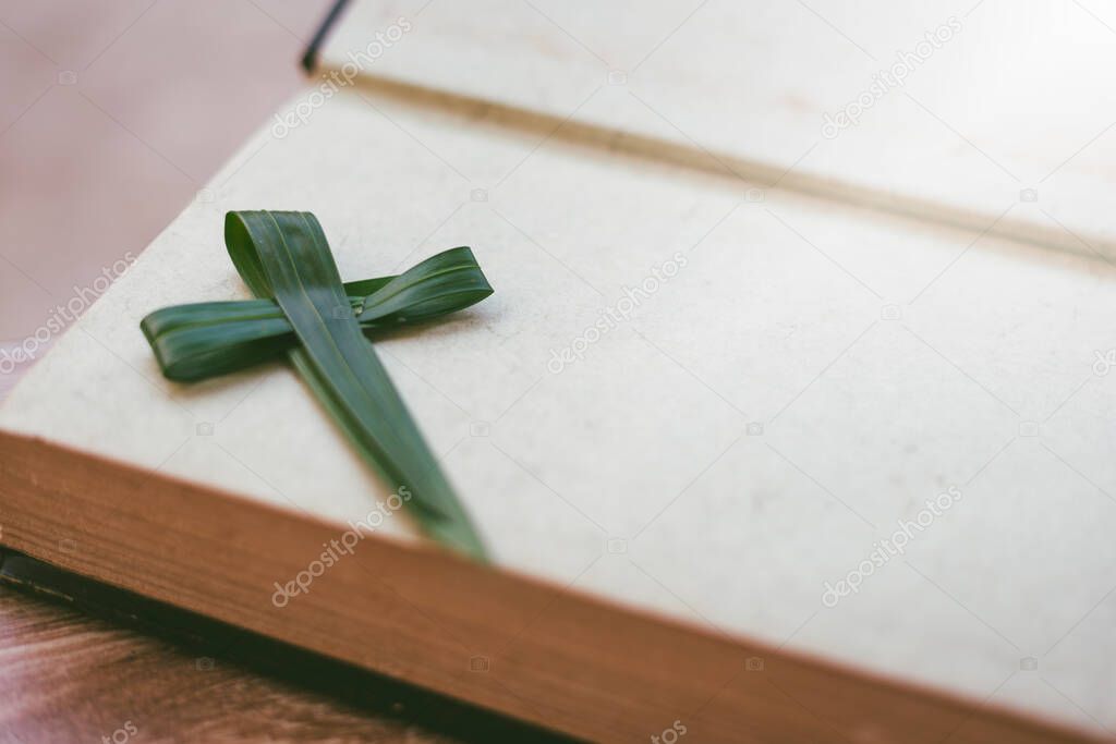 Cross green palm leaves as background with holy bible.Palm Sunday concept.