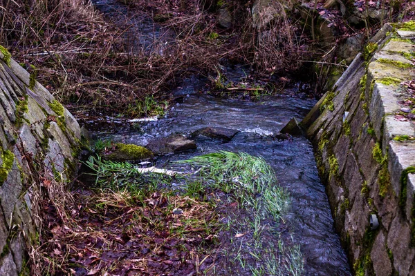 Pequena cachoeira em um riacho no inverno com painéis de galhos e grama — Fotografia de Stock