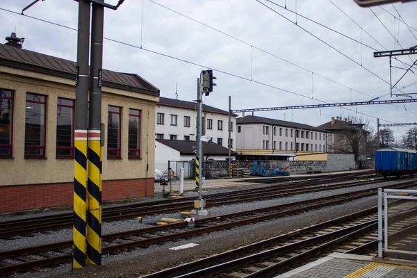 Old Train Station Rails Wires Peron Concrete Czech Republic — Stock Photo, Image