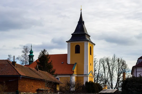 Beautiful Medieval Czech Church Tower Leafless Trees Czech Republic — Stock Photo, Image