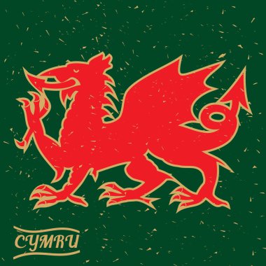 A red Welsh Dragon on a grungy green background clipart