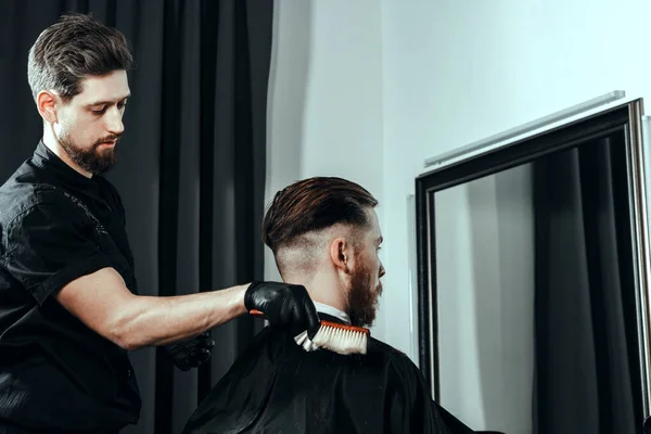 Barbershop Theme Bearded Serious Barber Black Rubber Gloves Strikes Hair — Stock fotografie