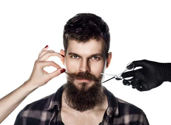 Man Long Beard Mustache Plaid Shirt Isolated White Background Barbershop — Stock Photo, Image