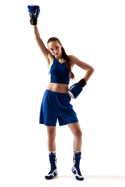 Joven Hermosa Chica Boxeador Camiseta Azul Pantalones Cortos Feliz Victoria —  Fotos de Stock