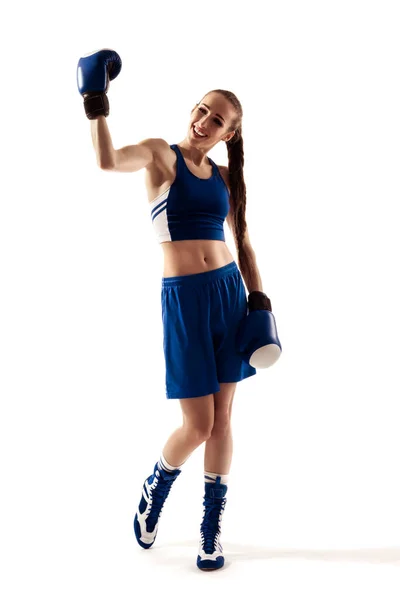 Jovem Boxeador Linda Menina Azul Shirt Shorts Vitória Feliz Fundo — Fotografia de Stock