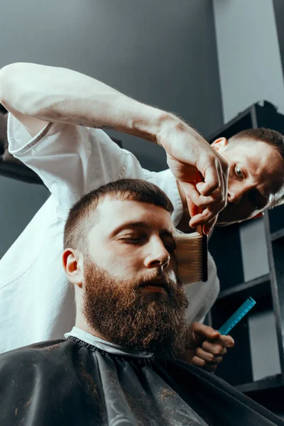 Barbershop Theme Barber Sweeps Hair Client Face Barber Shop Bearded — Stock Photo, Image