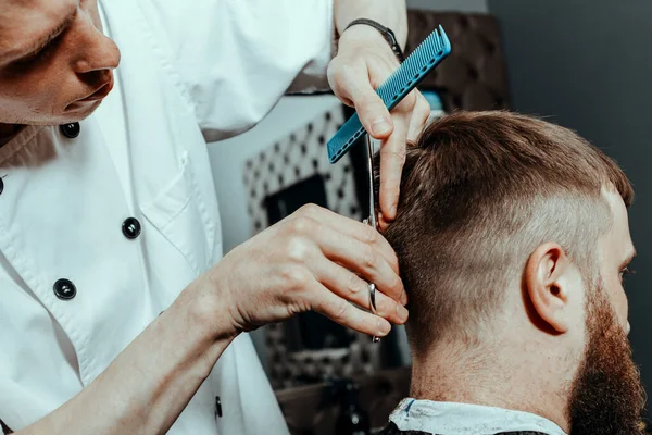 Barbershop Theme Barber Holds Pair Scissors Comb Shears Client Barber — Stock Photo, Image