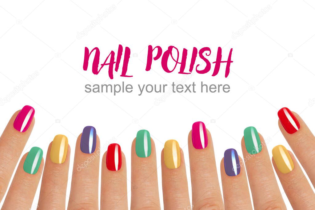 Fingers With colorful Manicure. Female Fingers With Manicure Isolated On White Background With Sample Text