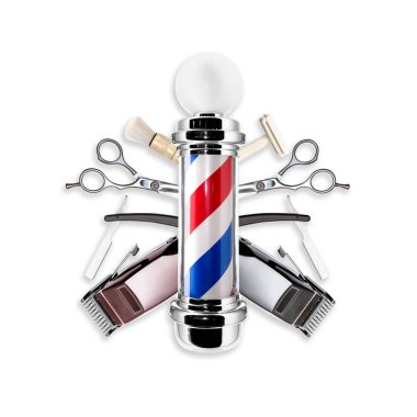 Beyaz arka planda izole edilmiş aletleri olan berber direği. Berber Dükkanı Konsepti