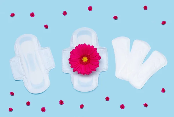 Menstruációs Párnák Közelében Gerbera Virág Kék Háttér Kritikus Napok Menstruálni — Stock Fotó