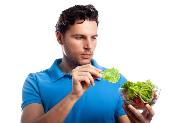 Uomo Shirt Blu Con Insalata Isolata Sfondo Bianco Note Alimentazione — Foto Stock