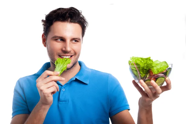 Uomo Shirt Blu Con Insalata Che Mangia Una Foglia Lattuga — Foto Stock