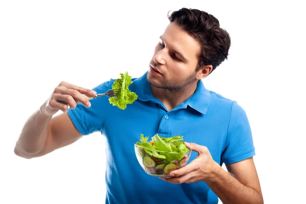 Homme Shirt Bleu Avec Salade Mangeant Une Feuille Laitue Sur — Photo