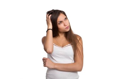 Güzel genç kız üzerinde izole beyaz arka plan düşünüyorum