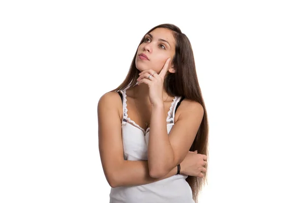 Menina bonita pensando isolado no fundo branco — Fotografia de Stock