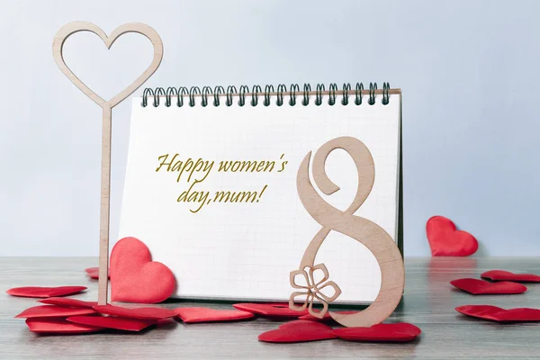 Women Day Greeting Card Table Wooden Number Heart Leg Red — Stockfoto