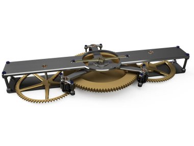 Çelik dişliler, mavi vidalar ve gezegen dişlileriyle saat yapımı pirinç köprü