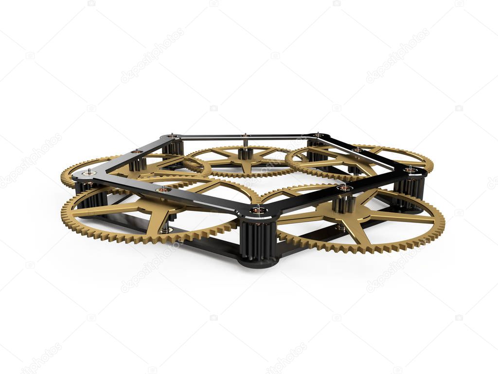 Clockwork mechanism with brass cogs and steel bridge on white background
