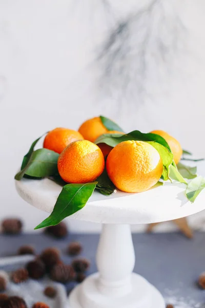 Gri arka planda turuncu mandalinalar. Kahverengi kozalaklı ve yeşil yapraklı yeni yıl dekorunda. Mandalinalı Noel süsü. Lezzetli tatlı Clementine.