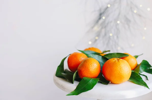 Gri arka planda turuncu mandalinalar. Kahverengi kozalaklı ve yeşil yapraklı yeni yıl dekorunda. Mandalinalı Noel süsü. Lezzetli tatlı Clementine.