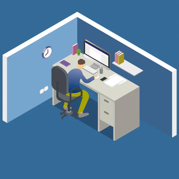 Isometriskt Kontor Vektor Illustration Man Som Jobbar Datorn Workspace Koncept — Stock vektor