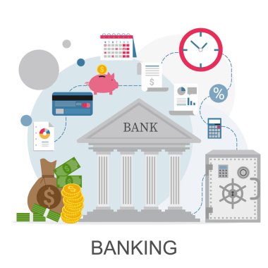 Banka konsepti bilgisi. Finansal analiz, çevrimiçi bankacılık ve ödeme kontrol kavramlarının vektör simgeleri.