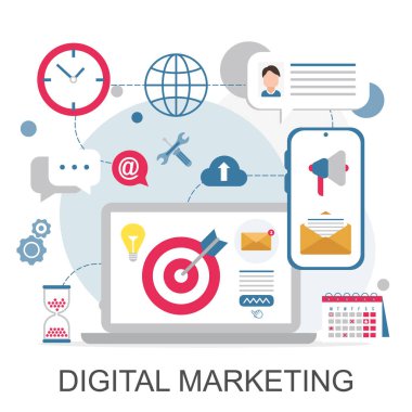 Dijital pazarlama. Web, cep telefonu hizmetleri ve uygulamalar için düz tasarım konsept simgeleri. Cep telefonu, e- posta ve video pazarlama simgeleri.