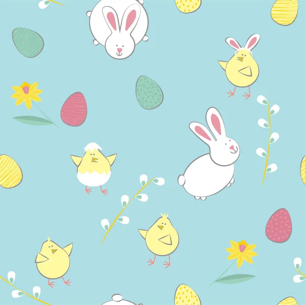 Ostermuster Vektor Nahtlose Textur Mit Eiern Kaninchen Hühnern Blumen Kindlich — Stockvektor
