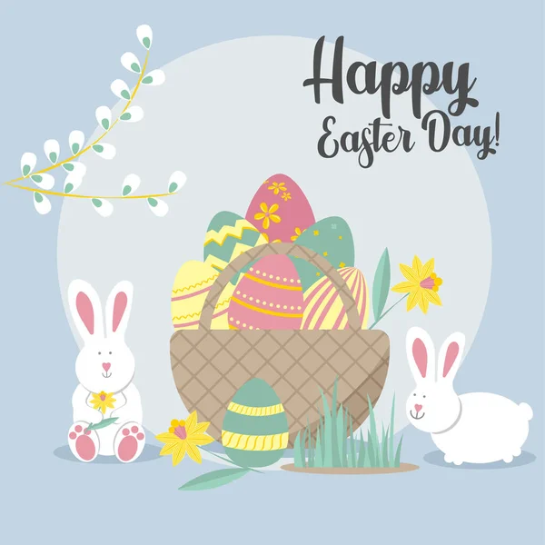 Ευχετήρια Κάρτα Πάσχα Κουνέλια Καλάθι Αυγά Λουλούδια Εικονογράφηση Διανύσματος Για — Διανυσματικό Αρχείο