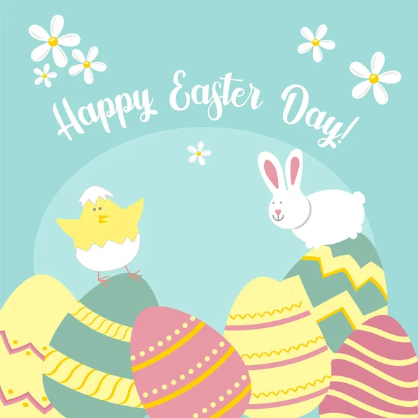 Easter Greeting Card Rabbit Chicken Egg Vector Illustrations Poster Card — Stock Vector