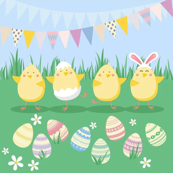 Yumurta Tavuk Çiçekli Paskalya Vektör Çizimi Bahar Dini Bayramı Poster — Stok Vektör