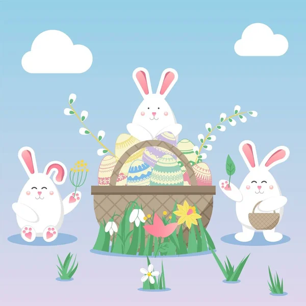 ウサギ ウサギ と花とイースターベクトルイラスト 春の宗教的な休日 ポスター グリーティングカード 招待状またはバナーのベクトルイラスト 子供のシームレスな漫画のスタイルでカラフルなパターン ハッピーイースター — ストックベクタ