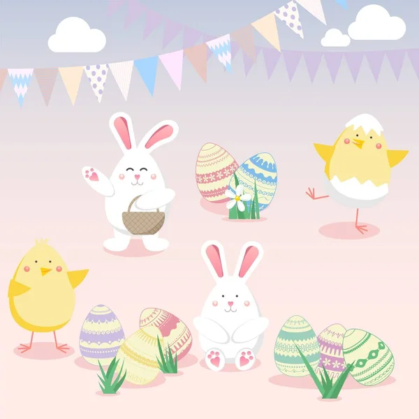 Пасхальная Векторная Иллюстрация Яйцом Курицей Кроликом Кроликом Цветком Весенний Религиозный — стоковый вектор