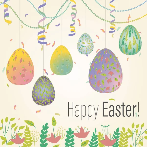 Easter Greeting Card Eggs Plant Ornaments Vector Illustrations Poster Card — Stock Vector