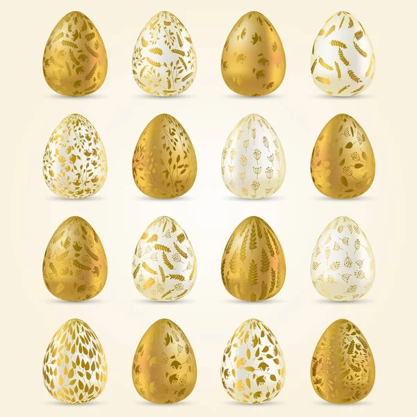 Ovo Páscoa Conjunto Ovos Realistas Dourados Leves Com Ornamento Dourado —  Vetores de Stock