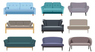 Sofa and couches colorful cartoon illustration vector set. Collection of comfortable lounge for interior design isolated on white background. Different models of settee icons. Comfortable couch clipart