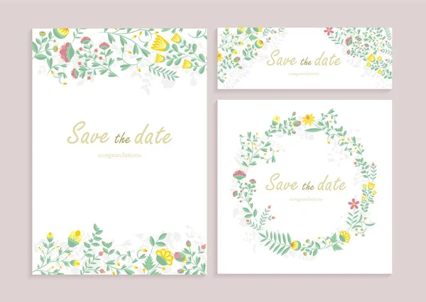 Set Greeting Card Wirh Floral Decor Heartily Congratulation Wedding Invitation Stock Illustration