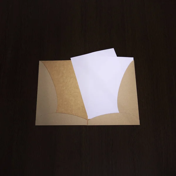 Κοροϊδεύω επαγγελματίες μάρκα πρότυπο σε σκούρο φόντο ξύλινη. το φάκελο, ανακυκλωμένο χαρτί — Φωτογραφία Αρχείου