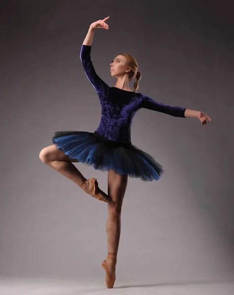 Niesamowicie piękne baleriny w niebieskim stroju jest pozowanie w studio. sztuki baletu klasycznego. — Zdjęcie stockowe