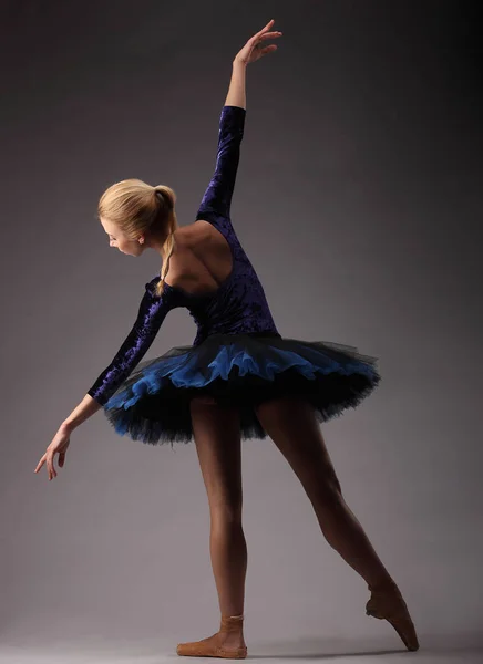Неузнаваемая балерина в студии, синяя пачка. классическое балетное искусство. назад выстрел — стоковое фото