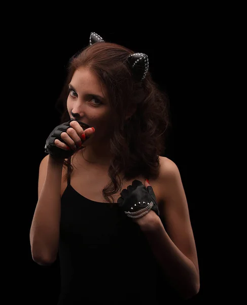 Sexig catwoman. kvinna i underkläder med katt makeup och öron. — Stockfoto