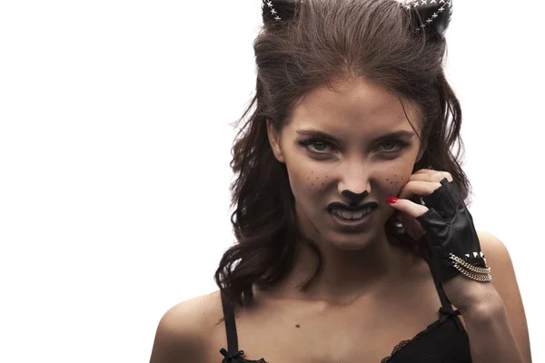 Catwoman sexy. femmina in lingerie con trucco di gatto e orecchie . — Foto Stock