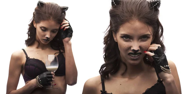 Sexy catwoman. female in lingerie with cat makeup and ears.