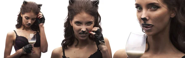 Sexy catwoman. female in lingerie with cat makeup and ears.