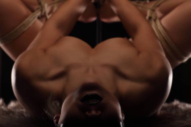 Japon tekniği shibari kafeste bir iple bağlı sarışın çıplak kadın