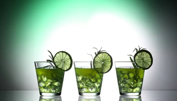 Stillleben mit bunten, hellen Cocktails auf Glas, dekoriert mit Rosmarin und Limette — Stockfoto