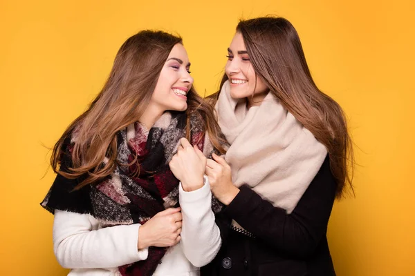 Vrolijke tweeling-zusters poseren met sjaal. — Stockfoto