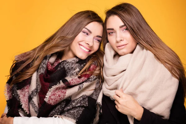Vrolijke tweeling-zusters poseren met sjaal. — Stockfoto